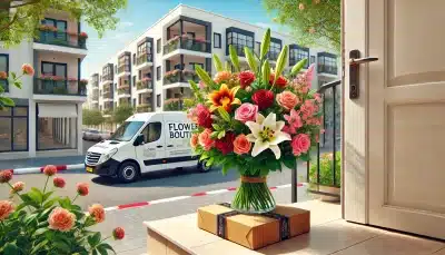 משלוחי פרחים נתניה - A realistic image for a blog post about flower delivery in Netanya, Israel. The scene shows a vibrant bouquet of fresh flowers, including lilies, rose